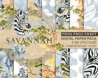 Watercolor Zebra Digital, Watercolor Zoo Digital Paper, Watercolor Animals Savannah Digital, Safari Animal Elephant Kids Digital Paper