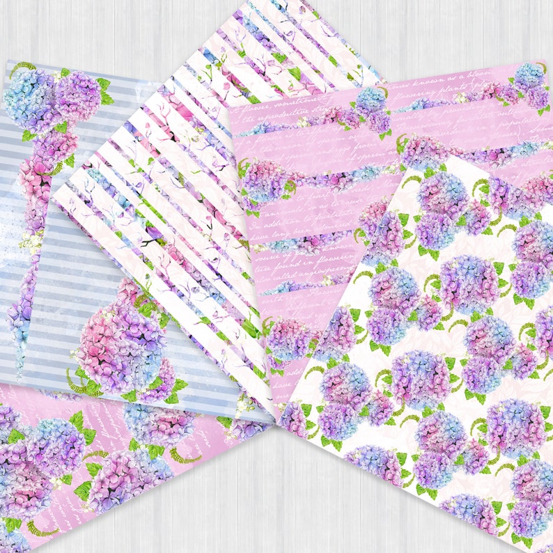 Pu&ograve; includere: Un set di sei design di carta digitale con ortensie ad acquerello in tonalit&agrave; di rosa, viola e blu. Le carte hanno un'atmosfera vintage e romantica e sono perfette per lo scrapbooking, la creazione di biglietti e altri progetti di artigianato.