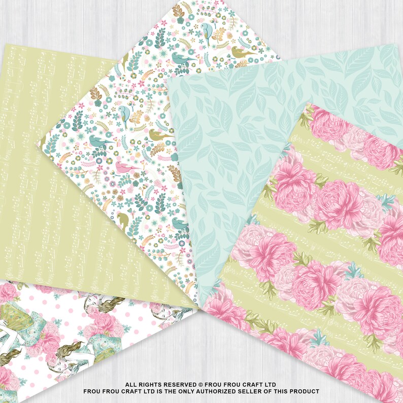 May include: A collection of patterned papers with floral and botanical designs. The papers feature various patterns, including pink roses, birds, leaves, and polka dots, in shades of green, pink, and blue. The papers are arranged in a fan shape, showcasing the different designs.