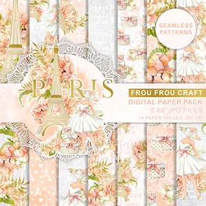 Paris Papierpackung Mode Eiffelturm Hintergrund Paris Scrapbook Mode Nahtlose Muster Aquarell Blumen Pfirsich Französische Koralle