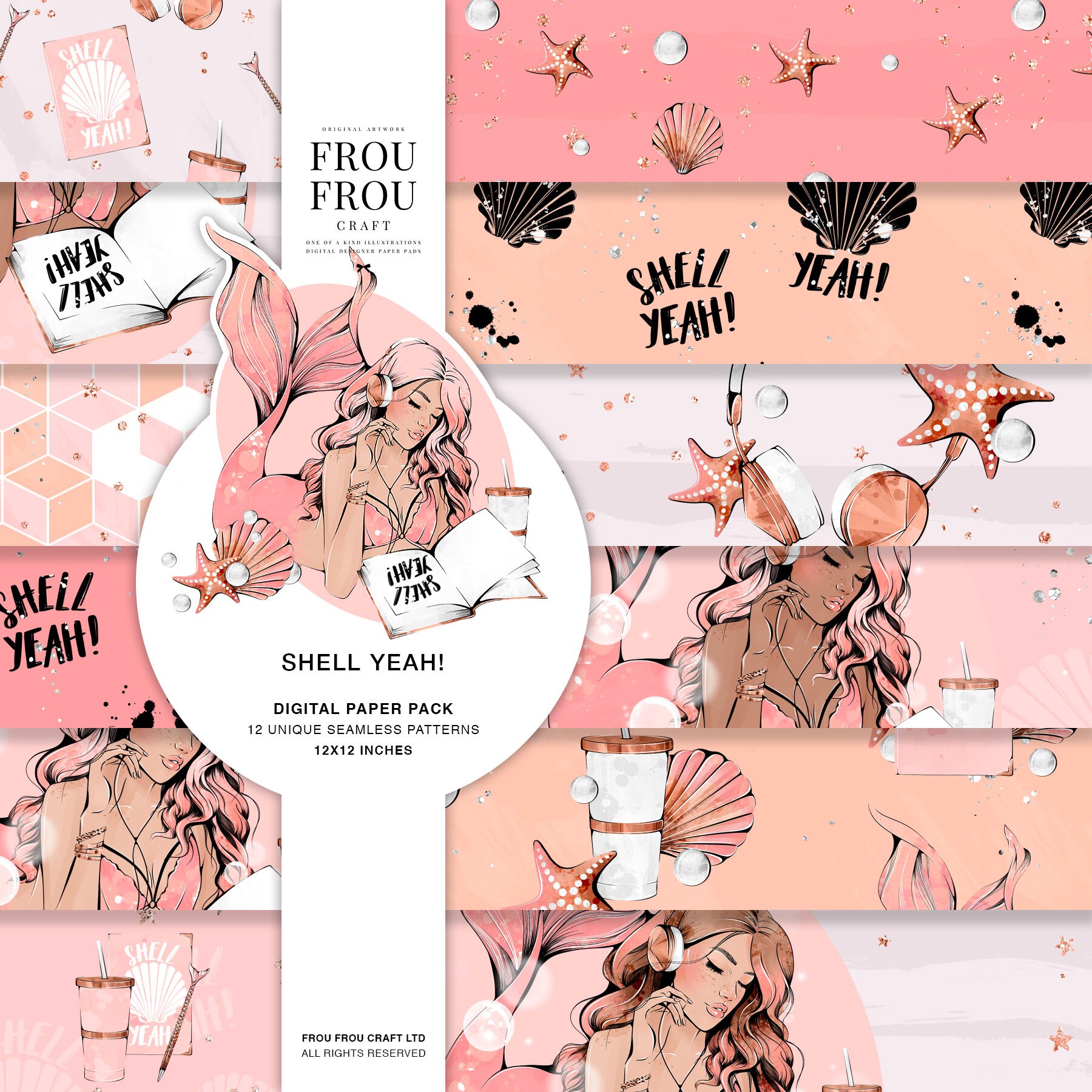 Mermaid Paper Pack, Pink Fairytale Surface Pattern Design, Glitter Printable Fabric Peach Coral Starfish Shell Pearl Coffee Planner Stickers