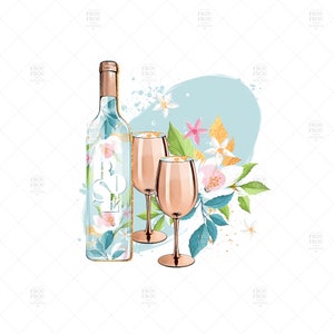 May include: A bottle of rose wine with two glasses, surrounded by a floral arrangement with white and pink flowers and gold accents. The background is a light blue watercolor wash.