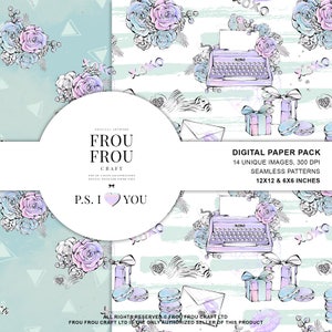 May include: Digital paper pack featuring seamless patterns with floral and romantic illustrations. The designs include roses, a typewriter, gifts, and macarons in pastel colors. The text reads "P.S. I Love You" and "Digital Paper Pack". The pack contains 14 unique images, 300 DPI, 12x12 & 6x6 inches.
