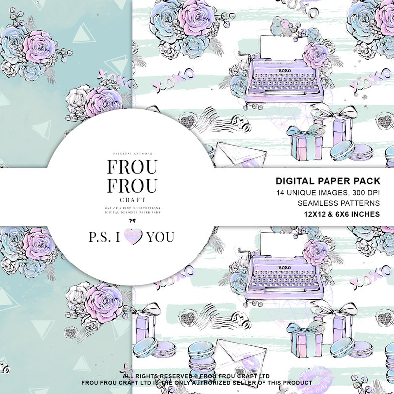 May include: Digital paper pack featuring seamless patterns with floral and romantic illustrations. The designs include roses, a typewriter, gifts, and macarons in pastel colors. The text reads "P.S. I Love You" and "Digital Paper Pack". The pack contains 14 unique images, 300 DPI, 12x12 & 6x6 inches.