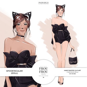 Halloween Clipart Fashion Doll Illustration Kitty Cat Planner Dashboard Sticker Cover Cute Thanksgiving Fall Spooky Costume Afro-américain