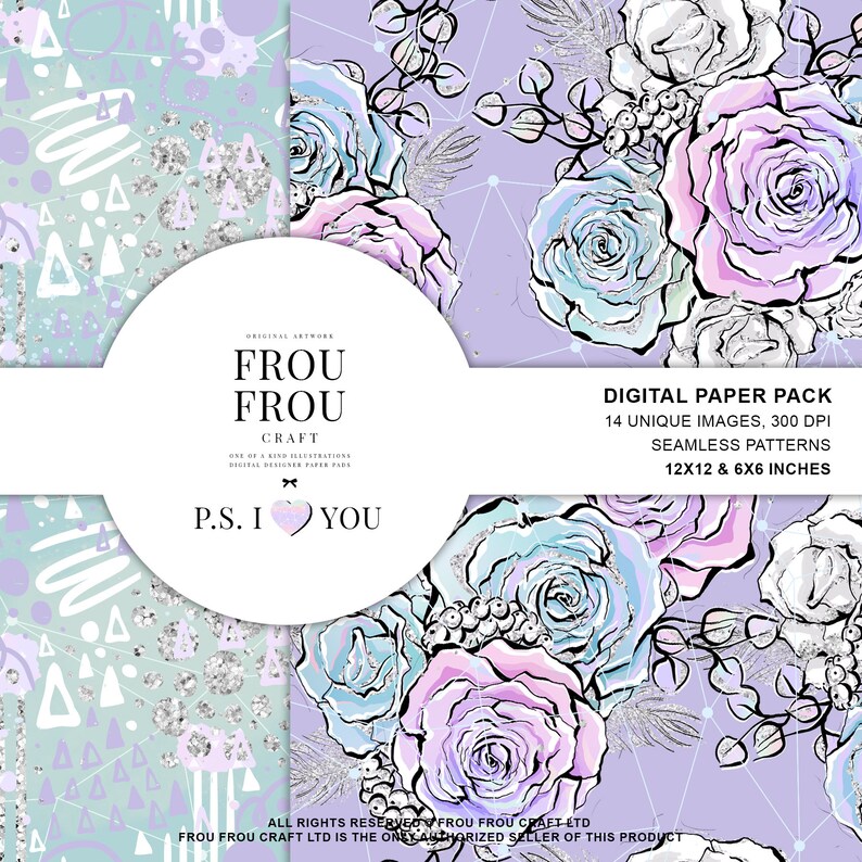May include: Digital paper pack featuring floral and abstract designs in pastel colors. The pack includes 14 unique images with seamless patterns, sized at 12x12 and 6x6 inches. The artwork includes roses and abstract shapes. The text reads "Frou Frou Craft" and "P.S. I You".