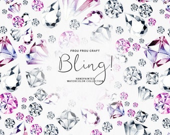 May include: A watercolour illustration of a collection of colourful gemstones, including pink, purple, and blue, with a white background. The text "Frou Frou Craft Bling! Handpainted Watercolour Collection" is in the centre of the image.