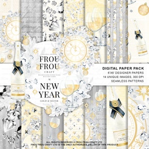 New Year Paper Pack Watercolor Christmas Scrapbook Papers Winter Digital Backgrounds Valentine Party Designer Pad Champagne Gold and Silver