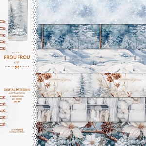 May include: Set of six digital paper patterns featuring winter scenes. The patterns include a snowy mountain landscape, a forest with snow-covered trees, a white background with brown pine cones and branches, a white background with white fur and a white background with white flowers and blue berries.