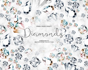 Puede incluir: Ilustración de acuarela de una colección de diamantes sobre un fondo de mármol blanco. Los diamantes son de varios tamaños y formas, algunos con un efecto arcoíris. El texto "Frou Frou Craft Diamonds Handpainted Watercolor Collection" está en la parte superior de la imagen.