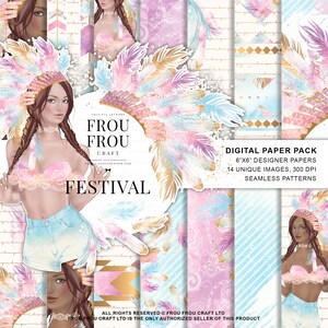 Boho Paper Pack Tribal Digital Boho Chic Tapete Native American Festival Fashion Illustration Boho Girl Indie Hippie Pastel Feathers