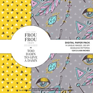 May include: A digital paper pack containing 14 unique images and seamless patterns. The patterns feature a grey background with colourful geometric shapes, eyes, arrows, and diamonds. The text "Too Damn To Give A Damn" is featured on a white circle with a black bow.