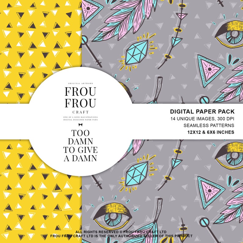May include: A digital paper pack containing 14 unique images and seamless patterns. The patterns feature a grey background with colourful geometric shapes, eyes, arrows, and diamonds. The text "Too Damn To Give A Damn" is featured on a white circle with a black bow.