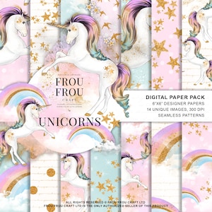 Unicorns Paper Pack Baby Shower Digital Background Kids Party Patterns Watercolor Rainbow Fairy Tale Fashion Illustration Planner Stickers