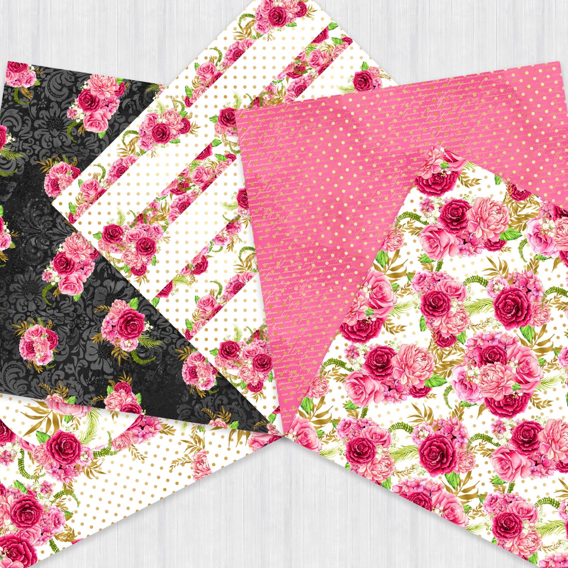 Roses Scrapbook Paper Hot Pink Black Gold Paper Pack - Etsy