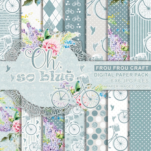 Bicycle Flowers Digital Paper Pack Instant Download Bike Roses Shabby Chic Vintage Rustic Birds Blue Tale Pink Mint Damask Dots 6x6 inches