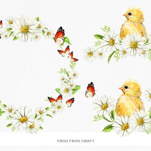May include: A watercolor illustration of a wreath of white daisies with red and orange butterflies, and two yellow chicks sitting in a wreath of white daisies. The text "Frou Frou Craft" is at the bottom of the image.