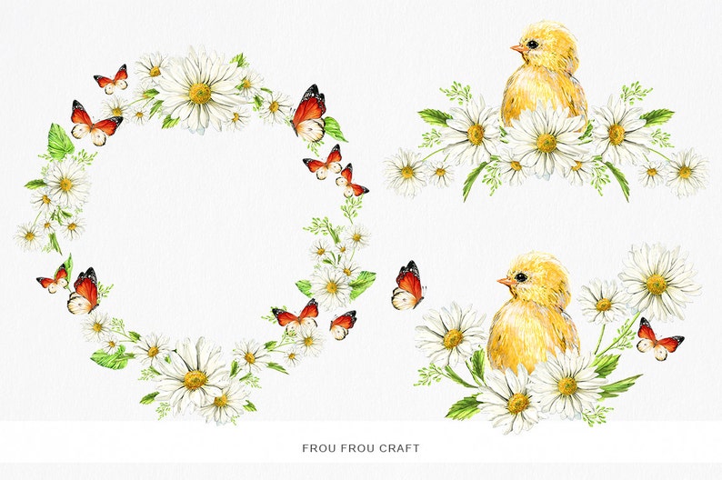 May include: A watercolor illustration of a wreath of white daisies with red and orange butterflies, and two yellow chicks sitting in a wreath of white daisies. The text "Frou Frou Craft" is at the bottom of the image.