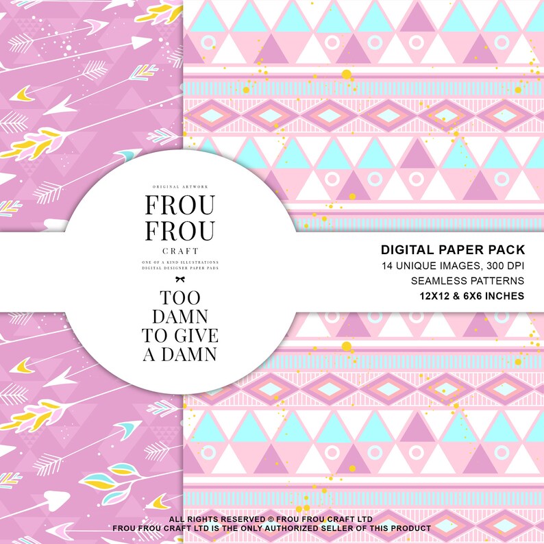 May include: A digital paper pack with 14 unique images, 300 DPI seamless patterns in pink, blue, white, and gold. The patterns are 12x12 and 6x6 inches. The text "Frou Frou Craft" and "Too Damn To Give A Damn" is included in the image.
