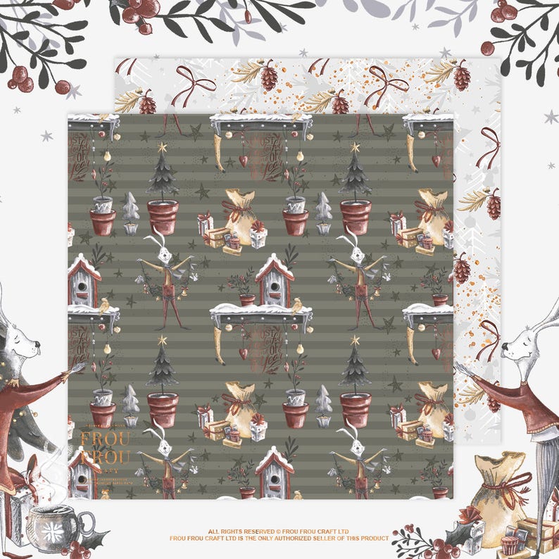 May include: Christmas-themed patterned paper featuring a repeating design of a rabbit-like scarecrow, birdhouses, gifts, and potted trees on a striped background. The paper also has a design of pine cones and bows. The text "FROU FROU" is visible.