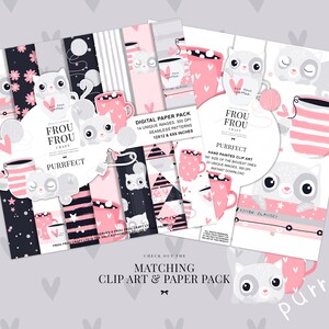 May include: Digital paper pack and clip art with a cat theme. Designs include pink mugs, yarn balls, and cat illustrations. The paper pack is 30.5x30.5 cm and 15.2x15.2 cm. The clip art includes 23 unique images. The text says "but first coffee".