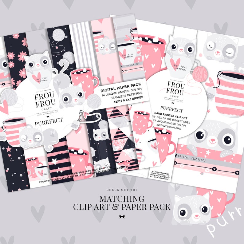 May include: Digital paper pack and clip art with a cat theme. Designs include pink mugs, yarn balls, and cat illustrations. The paper pack is 30.5x30.5 cm and 15.2x15.2 cm. The clip art includes 23 unique images. The text says "but first coffee".