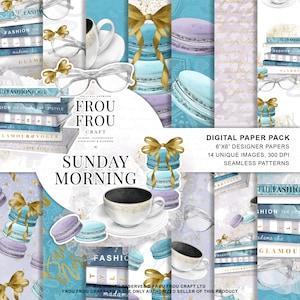 May include: Digital paper pack featuring a collage of illustrations. The design includes stacks of books, macarons, coffee cups, and eyeglasses. The color palette is primarily blue, white, and gold, with text that reads "Sunday Morning".
