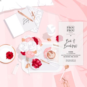 May include: A white tray with a pink and white flower bouquet, a cup of coffee, a bowl of strawberries, a notebook, a fork, and a spoon. The tray is on a pink and white striped background. The text "Bed & Breakfast" is written in black on a white rectangle.