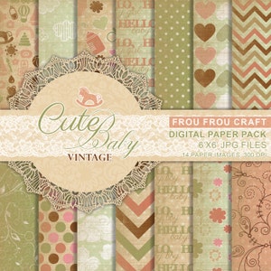 Süßes Baby Vintage Digital Paper Pack Instant Download Rosa Grün Beige Chevron Neugeborene Mädchen Junge Scrapbook Muster Hintergrund 6x6 Zoll