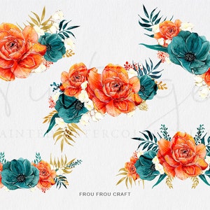 May include: Five watercolor floral arrangements featuring orange and teal flowers with gold accents. The flowers are arranged in a symmetrical pattern and are perfect for adding a touch of elegance to any project.