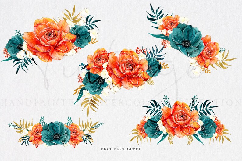 May include: Five watercolor floral arrangements featuring orange and teal flowers with gold accents. The flowers are arranged in a symmetrical pattern and are perfect for adding a touch of elegance to any project.