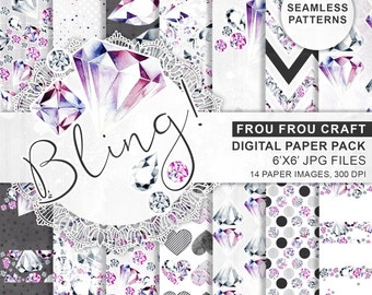 Diamong Digital Paper Pack, Bling Paper, Blog Digital, Crystals Gems Digital Pack, Strass Digital, Diamonds Crystals Aquarelle