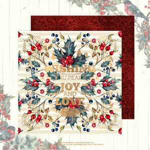 May include: A gold and white Christmas card with a holly and berry design. The card features the text "Wishing you peace joy and love Merry Christmas".