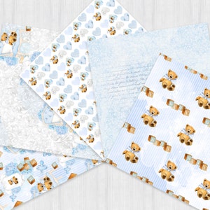 Pu&ograve; includere: Un set di sei carte digitali con uno schema di colori blu e bianco con orsacchiotti e blocchi per bambini. Le carte hanno diversi motivi, tra cui cuori, strisce e un design di ispirazione vintage.