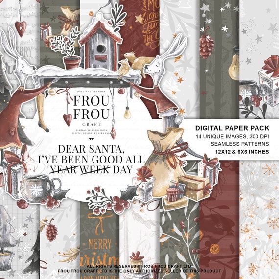Cute Christmas Paper Pack, Retro Xmas Digital Pad, New Year Planner Stickers, Winter Bunny Designer Paper Pad, Watercolor Christmas Fabric