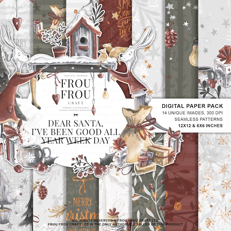 May include: A digital paper pack with 14 unique images. The design features a Christmas theme with illustrations of rabbits, gifts, and holiday decorations. The text reads "Dear Santa, I've been good all year week day."