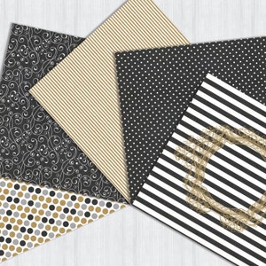 Puede incluir: Cinco hojas de papel estampado en negro, blanco y dorado. Los patrones incluyen lunares, rayas y espirales.