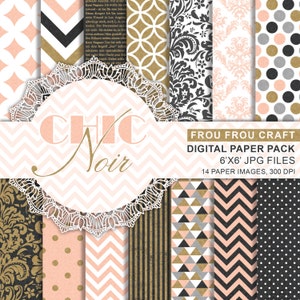 Peach Black Digital Paper Pack Instant Download Pattern White Pink Chalkboard Damask Polka Dots Chevron Chic Printable Background 6x6 inches