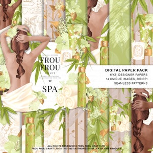 May include: A digital paper pack with 14 unique images, 6x6 inches, 300 DPI, seamless patterns. The images feature a spa theme with illustrations of a woman, flowers, candles, and bottles. The text "Frou Frou Craft" and "SPA" are also included.