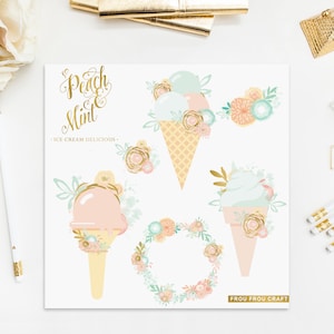 May include: Peach & Mint ice cream cone clipart with floral accents. The design includes a pink ice cream cone, a green ice cream cone, a floral wreath, and a floral bouquet.