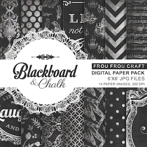 Könnte beinhalten: Ein digitales Papierpaket mit 14 schwarz-weißen Mustern im Stil einer Kreidetafel. Die Muster umfassen Punkte, Federn, Kronleuchter, Chevron und Noten. Der Text "Blackboard & Chalk" und "Frou Frou Craft" ist im Bild enthalten. Das Papierpaket ist 15,24 cm x 15,24 cm groß und hat eine Auflösung von 300 DPI.