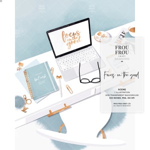 Peut inclure: Un bureau blanc avec un ordinateur portable, un carnet bleu, une paire de lunettes et un stylo dor&eacute;. L'&eacute;cran de l'ordinateur portable affiche le texte "focus on the good".