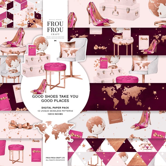 Holiday Paper Pack, Travel Printable Fabric, Rose Gold Hot Pink Girly Planner Supplies, Fashion Planner Stickers, Bachelorette Party