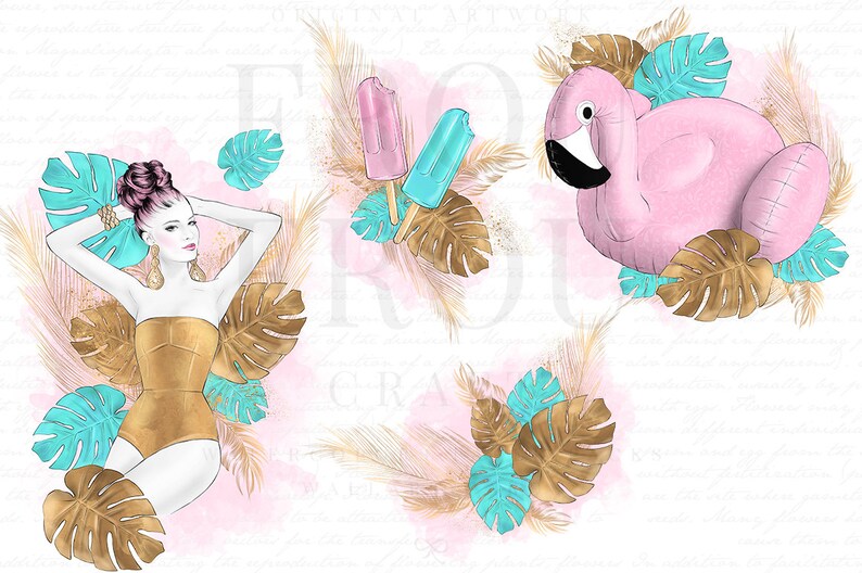 May include: A digital illustration of a woman in a gold swimsuit surrounded by tropical leaves and palm fronds. There are two popsicles with a pink and blue color scheme and a pink inflatable flamingo with black eyes.