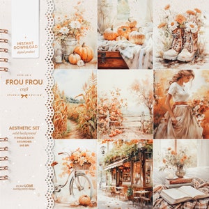 May include: A digital collage of nine images with an autumn theme. The images include pumpkins, fall leaves, a cornfield, a woman in a white dress, a bicycle with a basket of fall leaves, a cafe, and a book with flowers.