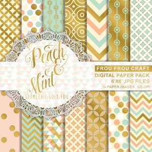 May include: A digital paper pack with 14 peach, mint, and gold geometric patterns. The patterns include polka dots, chevron, and geometric shapes. The paper pack is 6 inches by 6 inches and 300 DPI.