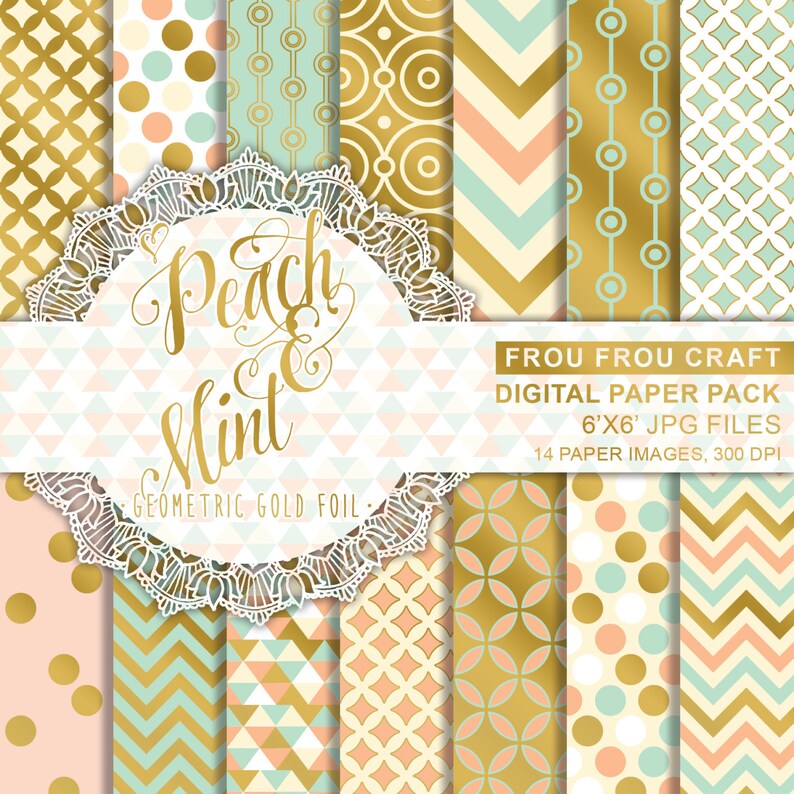 May include: A digital paper pack with 14 peach, mint, and gold geometric patterns. The patterns include polka dots, chevron, and geometric shapes. The paper pack is 6 inches by 6 inches and 300 DPI.