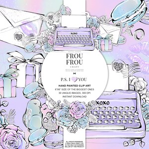 Clipart de dia dos namorados, clipart de pássaros do amor, adesivos de planejador de máquina de escrever, cartão de felicitações com brilho de unicórnio pastel, cartas de amor violeta lavanda