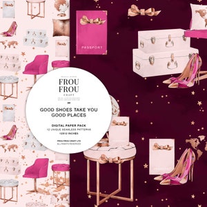 May include: A digital paper pack with 12 unique seamless patterns featuring pink and gold travel-themed illustrations. The patterns include suitcases, high heels, passports, and stars on a pink and burgundy background. The text "GOOD SHOES TAKE YOU GOOD PLACES" is included in the design.