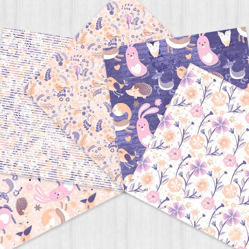 May include: A set of six digital paper designs featuring a whimsical woodland theme. The papers feature a variety of cute animals, including bunnies, birds, and foxes, as well as floral patterns in shades of pink, purple, and white.